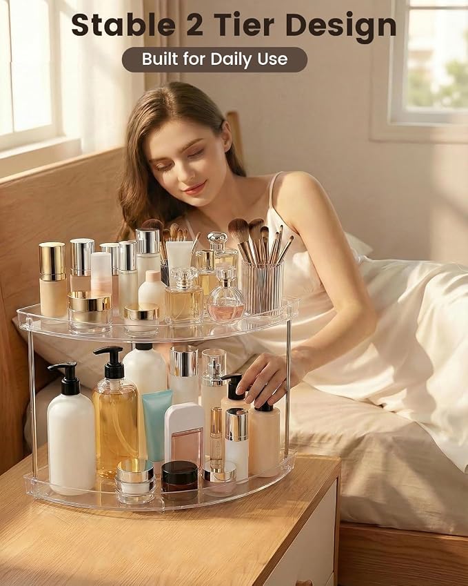 2 Tier Bathroom Counter Organizer, Clear Vanity Shelf Organizer for Skincare & Perfume, Non-Slip Bathroom Counter Shelf for Small Spaces, Bathroom Vanity Organizer Countertop (Triangular)