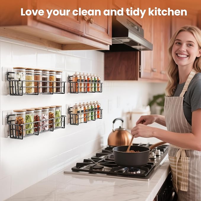 Mystozer Spice Rack Organizer Wall Mount, Hanging Spice Pantry Storage Shelf Organization, 4 Pack Space Saving Seasoning Organizer for Kitchen Cabinet, Door or Bathroom, Black