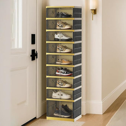 SYNCVIBE Shoe Rack Organizer for Closet Entryway Foldable Sneaker Storage Shoe, Collapsible Shoe Cabinet, Stackable Shoe Storage Cabinet with Lids for Living Room (9 Tiers -18 Pairs Black Gold)