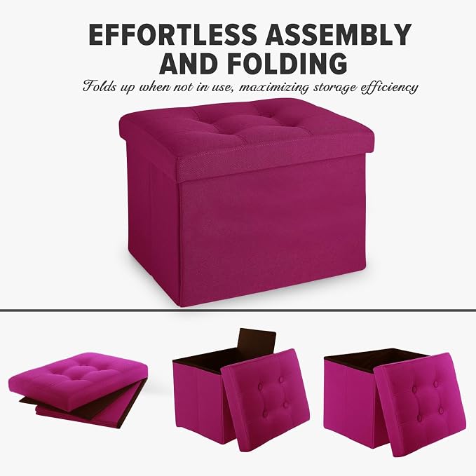 LINMAGCO Small Storage Ottoman Stool Foot Rest Stool Under Desk Stool Short Folding Ottoman Linen Cloth ROSEO 17X13X13IN