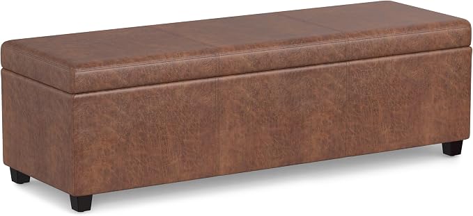SIMPLIHOME Avalon 60" Wide Fabric Storage Ottoman in Tanners Brown | Contemporary lift-top ottoman with high-density foam; rectangle storage bench or coffee table for living room or entryway.
