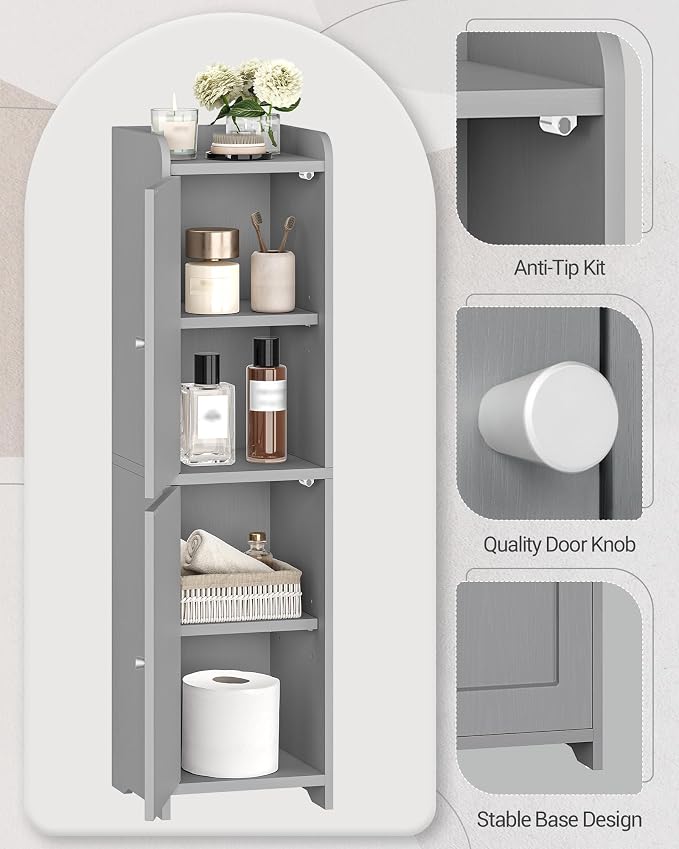 Hzuaneri Bathroom Storage Cabinet, Small Corner Floor Cabinet with 2 Doors | Narrow Toilet Paper Cabinets with Adjustable Shelf, Bathroom Organizer for Small Spaces, 7.9" D x 7.9" W x 29.5" H Gray