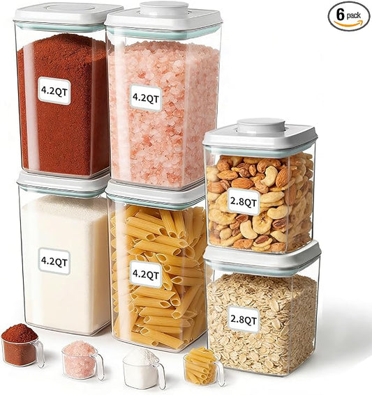 Airtight Food Containers Set with One-Touch Lid, Mixed Size Set (2.8 Qt *2+ 4.2 Qt *4) with Scoop, Stackable Jars for Complete Kitchen Organization