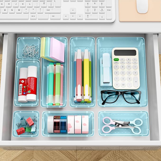 ElegantArray 12 PCS Drawer Organizer Set, Makeup Organizers, Sea Blue | 4 Sizes, Plastic, Stackable, Multiple Gadgets, Desk Drawer Divider Organizers, for Makeup, Office Supplies Storage