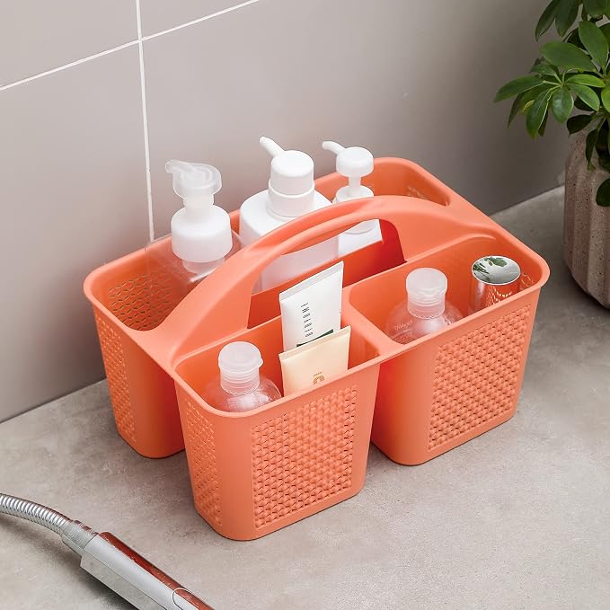 Plastic Portable Shower Caddy Basket with Handle, 3 Compartments, Orange | Storage Organizer with Drain Holes, Sturdy and Durable For Bathroom, Kitchen, College Dorm, Sink, Camping