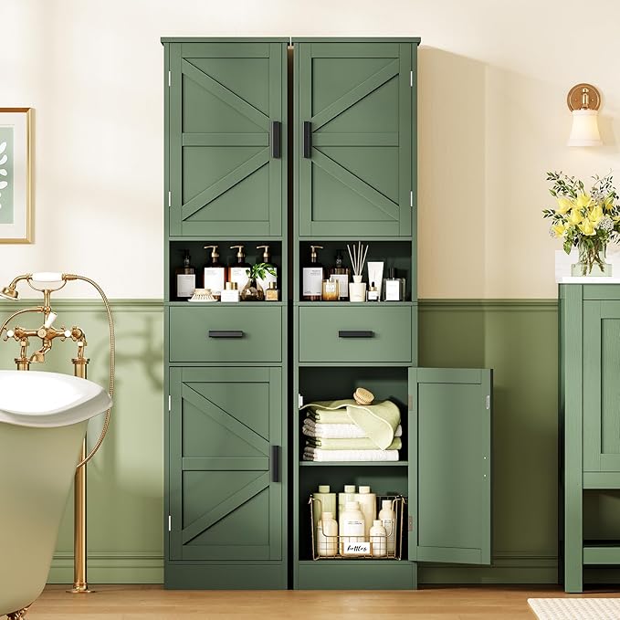67" H Tall Bathroom Storage Cabinet with Barn Doors and Drawer, Narrow Bathroom Cabinet, Narrow Storage Unit, Adjustable Shelves, Floor Cabinets for Living Room, Forest Green