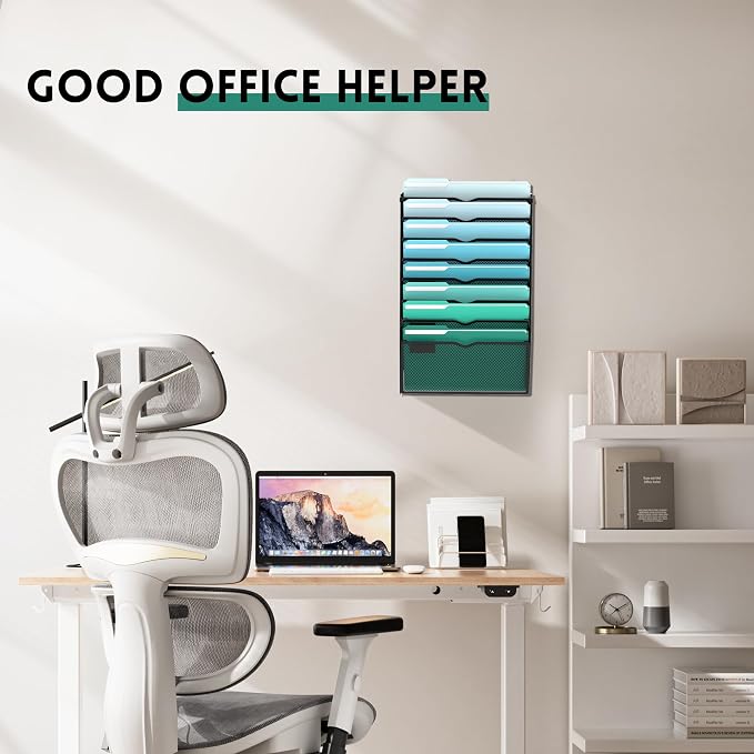 8-Tier Wall File Organizer, Hanging File Holder, Wall Mounted Mail Sorter | Metal Mesh Hanging File Organizer with Open Compartments and Label Panels for Papers and Folders at Home, Office or School