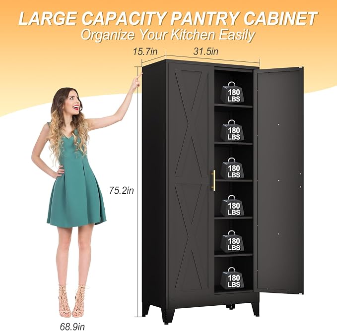 75.2" Tall Metal Kitchen Pantry Storage Cabinet, Freestanding Cupboard with 2 Doors and 5 Adjustable Shelves, Standing Storage for Kitchen, Bathroom, Garage, Dinning Room or Utility Room（Black）