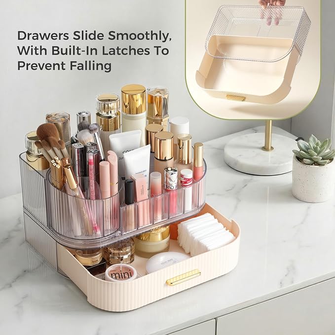 Delamu Rotating Makeup Organizer countertop, Brush Holder for Vanity, White | Stackable Drawer Makeup Storage for Skincare, Lipstick, Brushes & Perfume, Fits Dresser & Bathroom Countertop, Gift for Women
