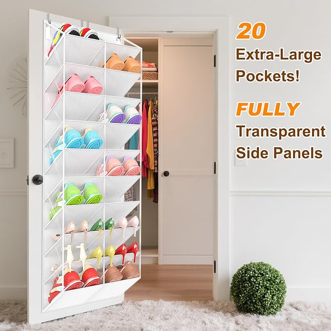 UVIAHOMI 20-30 Pairs Over the Door Shoe Organizer, Clear Pockets Hanging Shoe Storage for Closet, 10-Tier Door Shoes Rack, Handing Shoes Holder Fit All the Family's Sneakers, Boots, Heels, White