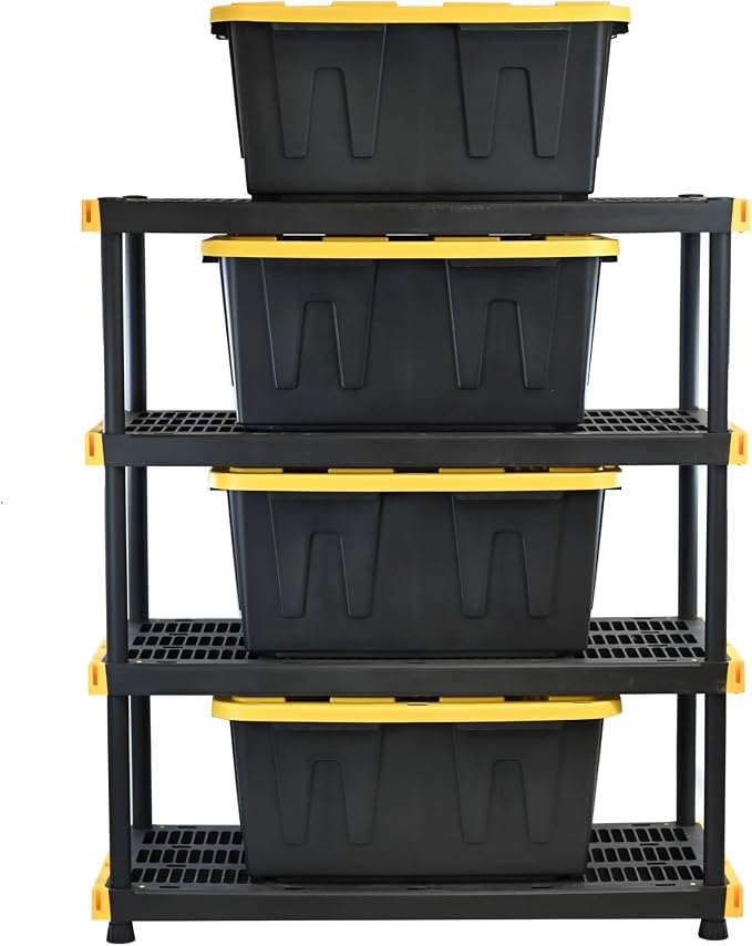 CX Heavy Duty 4-Tier Garage Storage Shelves + 4-pack 27-Gallon Bins & Lids | Garage organizing system with 4-tier shelf + 4 plastic 27-gal totes, 200 lbs/shelf, 50.1H x 48W x 20D, Black & Yellow
