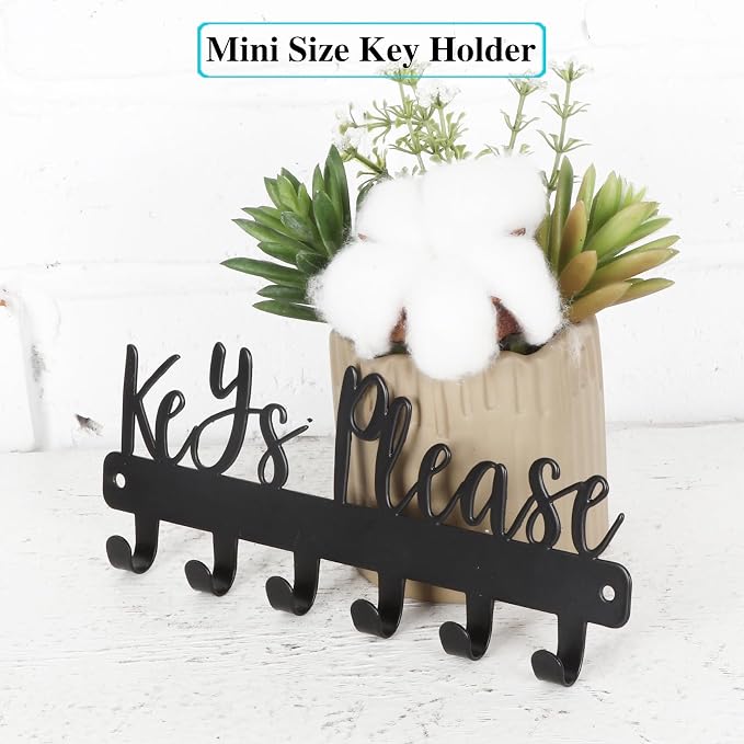 Keys Please Key Holder Wall Mounted, Mini Size: 7.28x2.95inch | Black Metal Decorative Rack Hooks for Garage,Mudroom,Hallway,Entryway,Front Door,Office
