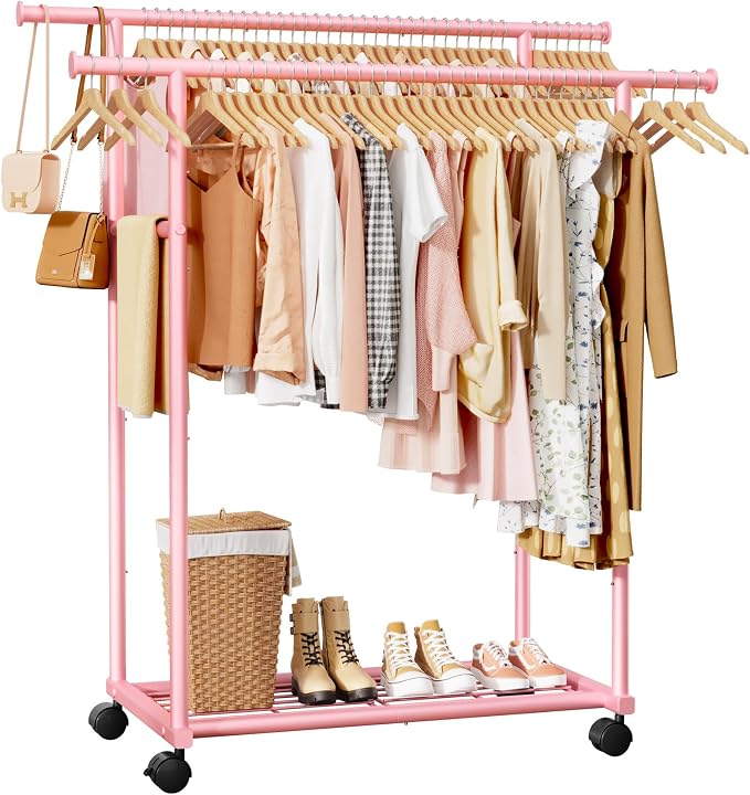 Sakugi Double Rods Clothes Rack - Metal Clothing Rack with Fixed Double Rods, Rolling Wheels & Built-In Shelf for Closet, Bedroom, Laundry Storage (39" x 17" x 60", Pink)