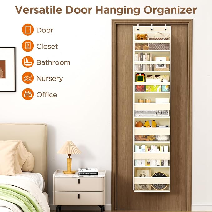 Mefirt Over The Door Organizer, 7 Tier Door Hanging Organizers with 7 Large Pockets 14 Side Pockets, Behind Door Storage Hanging Shelves for Closet Bathroom Bedroom Nursery
