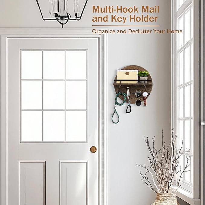 Key Holder for Wall Decorative with Shelf and Hooks, Unique Mail Organizer Wall Mount with Sunglasses Holder, Cute Circular Design Entryway Key Rack Hanger, Rustic Home Decor Boho Wall Decor