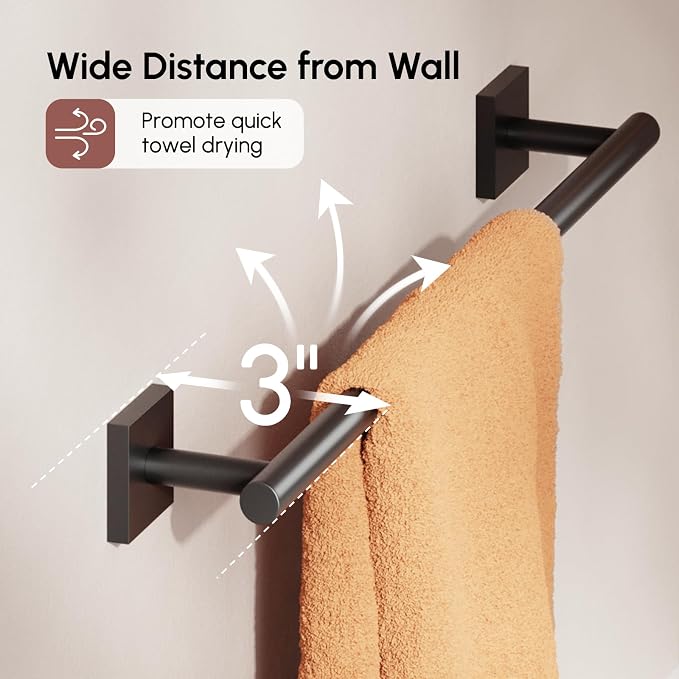 Matte Black Towel Bar, 18 Inch Towel Racks for Bathroom | Thicken 304 Stainless Steel Towel Holder with Square Base, Towel Rod Wall Mounted, Modern Home Decor (Total Length 20 Inch)