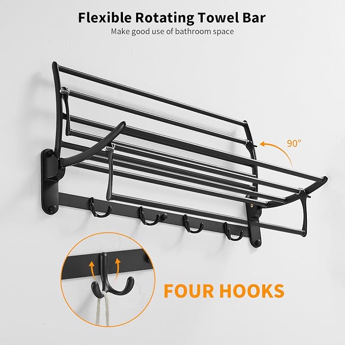 24 Inch Matte Black Towel Racks, Bathroom Towel Shelf with Foldable Towel Bar Holder and Towel Hooks, Wall Mounted Multifunctional Bathroom Accessories, Double Towel Bars