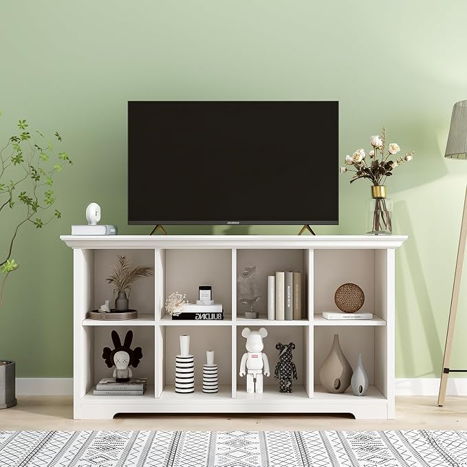 OSCHF 8-Cube Open Bookcase with Base, 2-Tier Low Cabinet, White | Curved Base, Crown Molding, Fits 11×11" Bins, Modern Bookshelf for Living Room, Bedroom, Home Office, TV Stand Storage