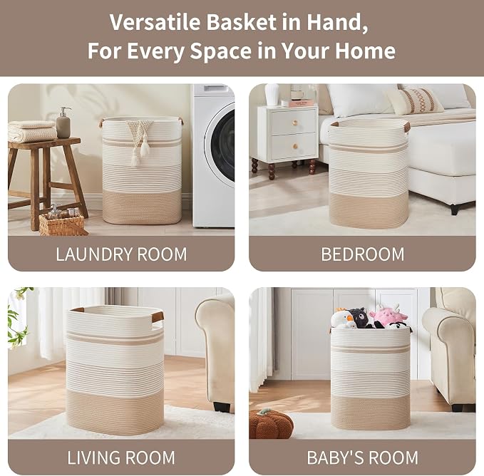 AINUOQI Laundry Basket with Handles - Blanket Basket & Hampers for Bedroom Aesthetic, Laundry Hamper & Blanket Storage for Living Room, Clothes Hamper, Tall, Large 17" x 14" x 22”, Off-white