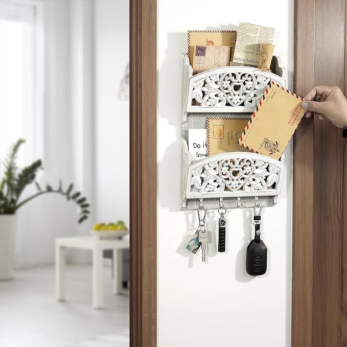 Key and Mail Holder for Wall, 2-Slot Mail Organizer Wall Mount 4 Key Hooks | Retro Hollowed-out Pattern Wooden Farmhouse Key Hangers Wall File Organizer Letter Sorter, Key Rack for Entryway Home Decor