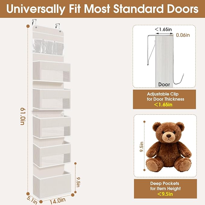 Over The Door Organizer Storage behind Door Hanging Organizer for Nursery | 6 Tier, Detachable, Clear Window, Sturdy Construction, Space-Saving Storage for Closet, Bedroom, Bathroom & Nursery