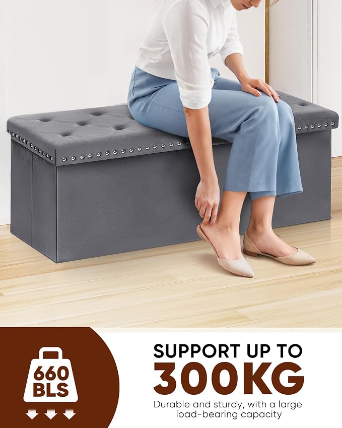 B FSOBEIIALEO Storage Ottoman Bench, Folding Tufted Ottomans with Storage, Extra Large 140L Storage Boxes Footrest Bench for Bedroom, Luxury Velvet Fabric 43 Inches Grey