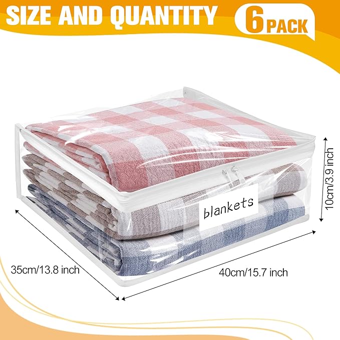 Kikerike Plastic Storage Bags with Easy-Glide Zipper, Pack of 6, Durable Clear Vinyl Zippered Storage Bags for Clothes Sweaters Comforters Blankets Sheets Bedding (15.7 x 13.8 x 3.9 Inch, White)
