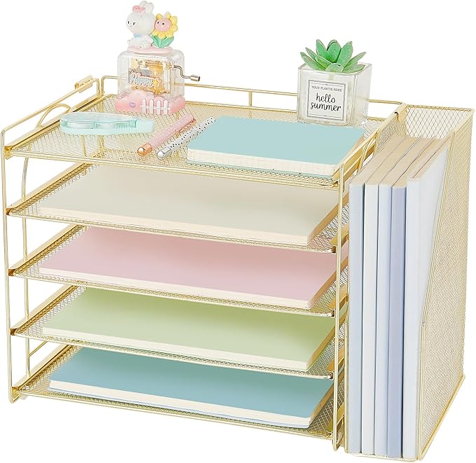 AUPSEN Gold Desk Organizers and Accessories, 5-Tier Desktop Paper File Organizer with Removable File Holder, Desk Accessories & Workspace Organization for Home Office Supplies (Gold)