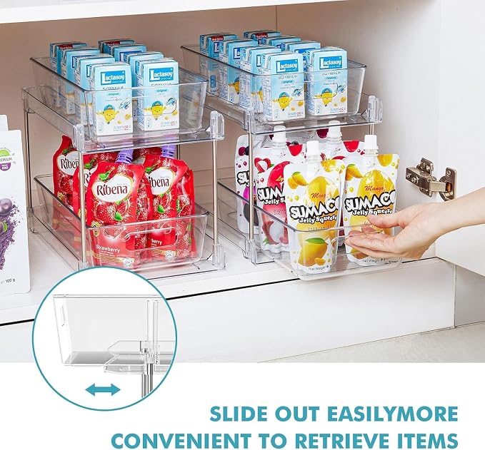 4 Pack Clear Bathroom Organizers and Storage, 2 Tier Pull Out Under Sink Cabinet Organizer Plastic Drawer Organization and Storage for Bathroom and Kitchen