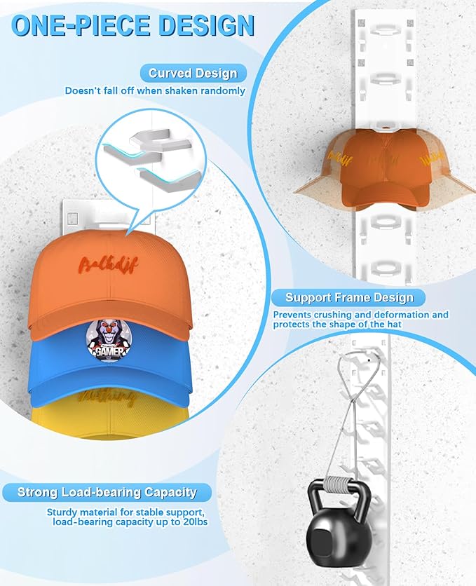 2 Pack Hat Organizer for Baseball Caps, Strong Adhesive Hat Rack for Wall, Multilayer Hat Storage Display Holder for Door Closet, Cap Organizer Storage Wall Mounted Hat Hooks Hold up to 18 Hat (White)