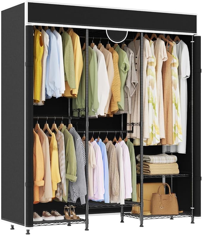 Heavy Duty Garment Rack 1100lb Load Closet Wardrobe with Cover Clothes Rack for Hanging Clothes with Adjustable 7 Shelves & 5 Hanging Rods 76" H X 73" L X 17" W Black
