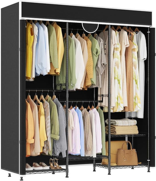 Heavy Duty Garment Rack 1100lb Load Closet Wardrobe with Cover Clothes Rack for Hanging Clothes with Adjustable 7 Shelves & 5 Hanging Rods 76" H X 73" L X 17" W Black