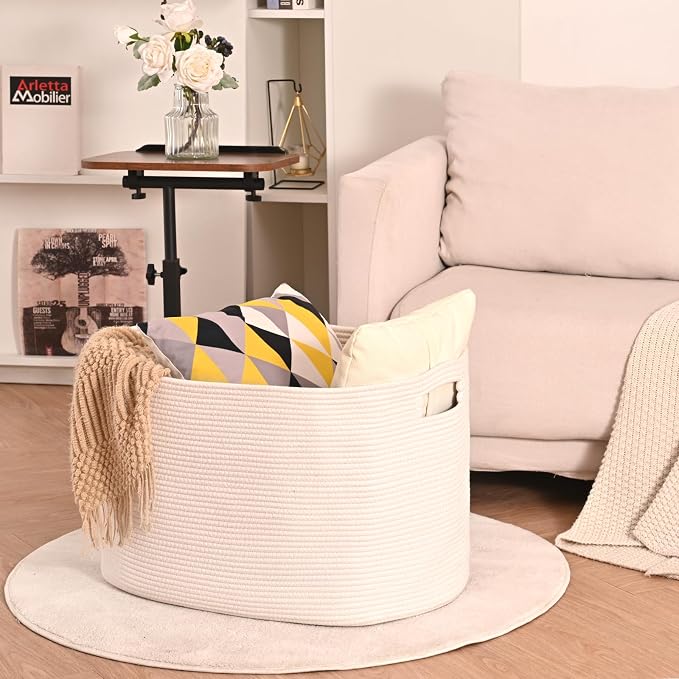ICERZCZ White Laundry Basket, Blanket Baskets for Living Room, Cotton Rope Baskets for Storage, Woven Basket for Blankets, Toys, Clothes, Shoes, White, 25”x16”x16” (105L)