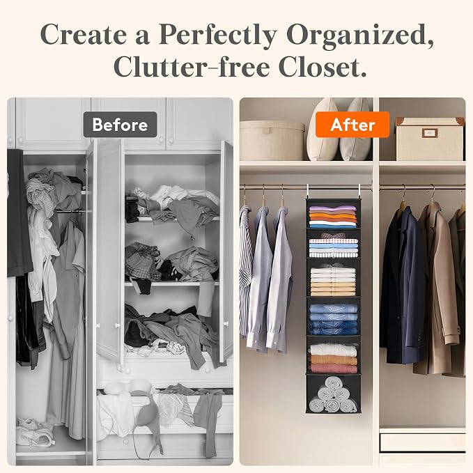 Lifewit 6 Tier Hanging Closet Storage Organizer for Shelves, Black, 1 Pack | Foldable Clothes Shelf with 2 Sturdy Hooks, Sweater/Coat/Shoes Clothing Organization for Wardrobe, Dorm, Bedroom