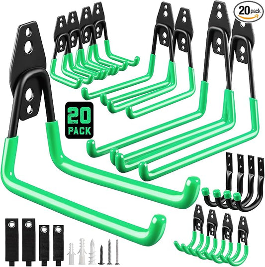 Garage Hooks, 20-Pack Steel Garage Accessories for Organization and Storage, Heavy Wall Mount Duty Hooks with Anti-Slip Coating for Hanging Ladder, Bike, Power Tools and More Tools, Green