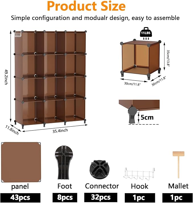 AWTATOS Closet Organizer, 12 Cube Storage Organizer Shelves, Cocoa Brown | Portable Closet Organizers Storage Shelves, DIY Stackable Bookshelf, Plastic Clothes Organizer Shelving for Home, Bedroom