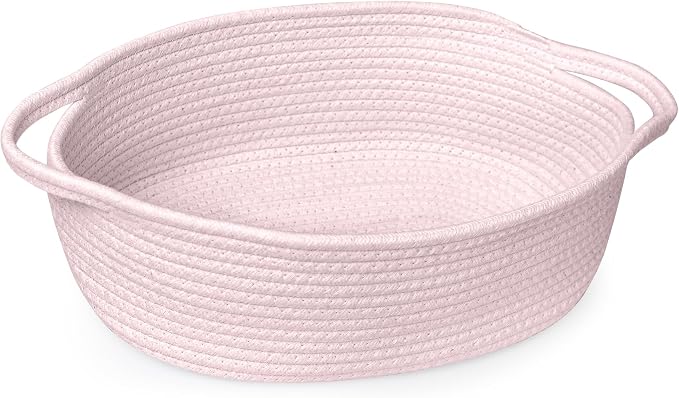 MEGASKET Pink Small Woven Basket, 13” x 9” x 5” Baskets for Gifts Empty, Cotton Rope Gift Basket, Cute Nursery Baby Organizer, Cat Dog Toy Bin Box, Wicker Storage Bin with Handle