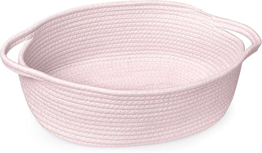 MEGASKET Pink Small Woven Basket, 13” x 9” x 5” Baskets for Gifts Empty, Cotton Rope Gift Basket, Cute Nursery Baby Organizer, Cat Dog Toy Bin Box, Wicker Storage Bin with Handle