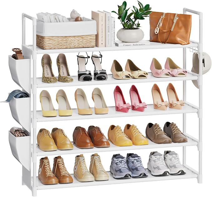 VILICK Shoe Rack for Closet Shoe Organizer Space Saver Storage for 20-25 Pair Shoe Shelf with Hook and Side Pocket Free Standing 5 Tier Shoe Rack Organizer for Entryway,Small Spaces, White
