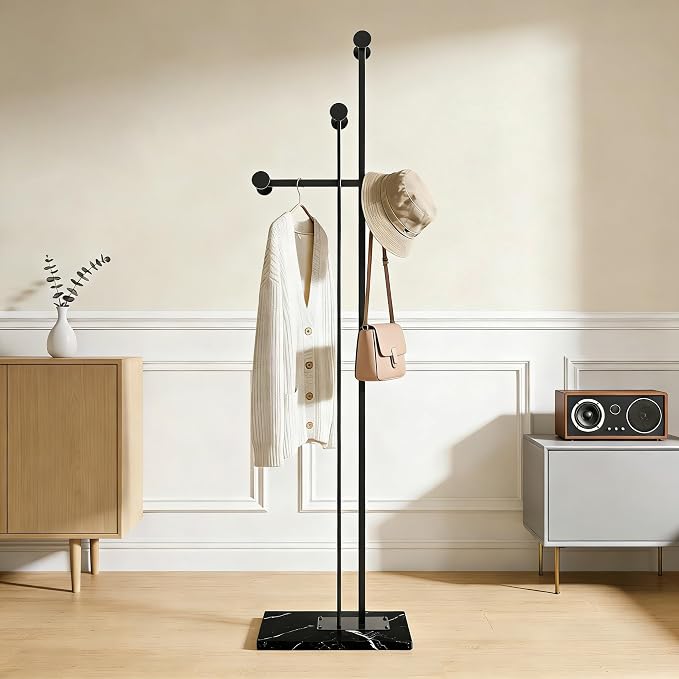 Metal Coat Rack Freestanding for Entryway (Black) | Heavy Duty, Marble Base, Metal Frame, Essential Items Organizer for Clothes Bags, for Bedroom Living Room Hotel