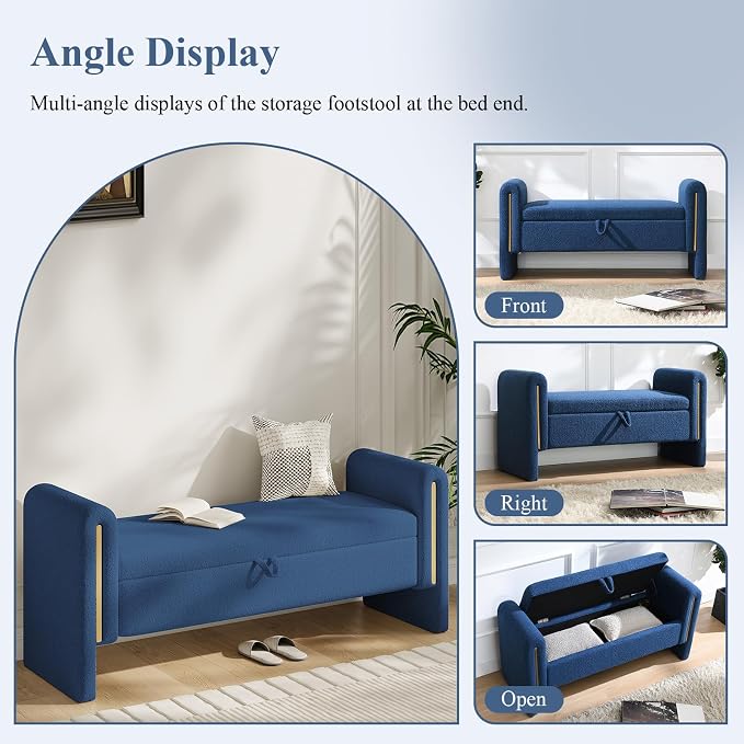 Storage Ottoman Bench, End of Bed Bench with Pull-Ring | 52" Teddy Upholstered, Window Bench with Armrest, Generous Storage, Safety Hinge, Holds 250 LBS, for Bedroom, Navy Blue