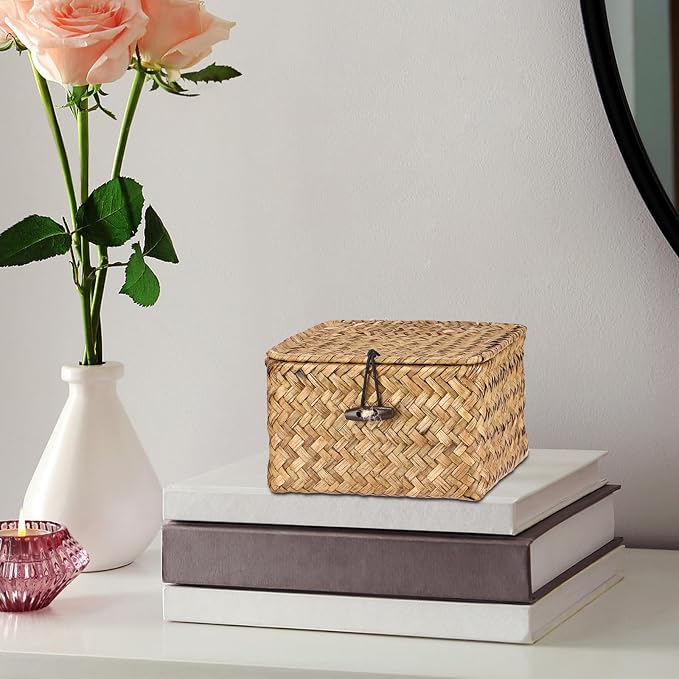 Hipiwe Wicker Shelf Basket Bin with Lid X-small Square Seagrass Storage Box | Handwoven Baskets Bin Boxes Multipurpose Household Organizer for Shelves Home Decor, Caramel Color
