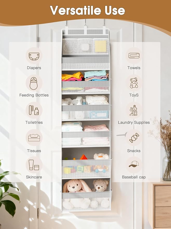 Criusia 2 Pack Over The Door Organizer, Heavy-Duty 6-Shelf Hanging Storage with 13 Mesh Pockets, 55lbs Capacity Behind The Door Storage for Nursery, Bathroom, Bedroom, and Dorm, Grey