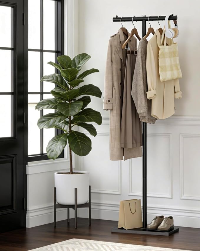 T-shaped Coat Rack Freestanding, Metal Hanger, Black, 68.9 In High | Modern Clothing Rack for Hanging Clothes, with Rock Slab Base, Heavy-duty Metal Garment Rack for Bedroom, Office and Hallway