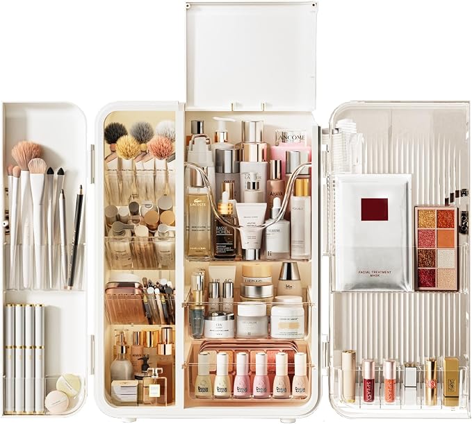 Makeup Organizer for Vanity, Large Capacity Skincare Organizers and Storage with Drawers, Dustproof Cosmetic Display Case for Bathroom Countertop, Trendy Teen Girl Gifts, White