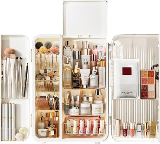 Makeup Organizer for Vanity, Large Capacity Skincare Organizers and Storage with Drawers, Dustproof Cosmetic Display Case for Bathroom Countertop, Trendy Teen Girl Gifts, White
