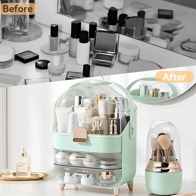 Makeup Organizer for Vanity with Brush Holder, Lid and 2 Drawers, Green | Large Capacity Bathroom Counter Organizer for Skincare, Cosmetic Storage, Dustproof, Waterproof, Teen Girl Gifts