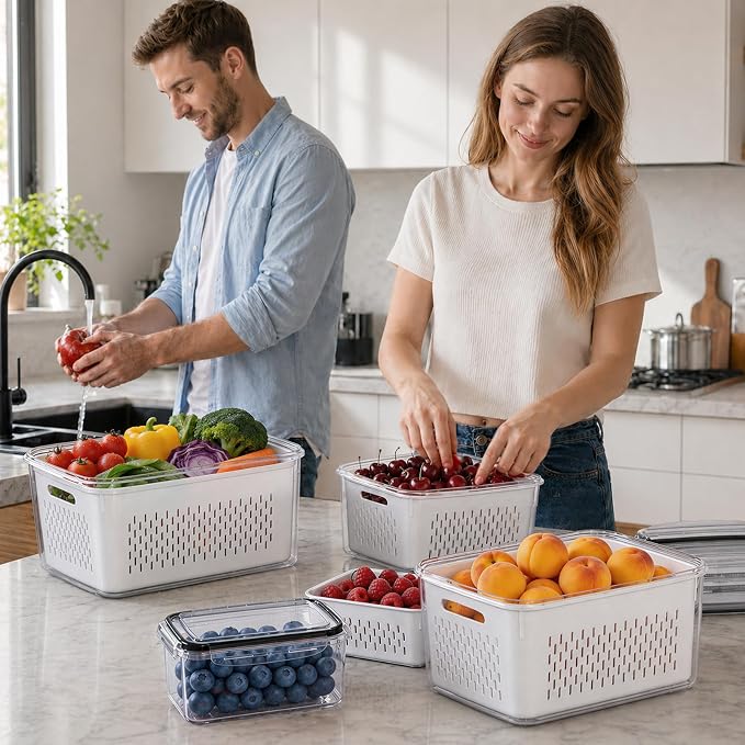 HOMETALL 5 Pack Fruit Storage Containers for Fridge Set, Fruit Washing Bowl with Strainer, Reusable Fridge Organizers and Storage for Berry Salad Lettuce, Size 4.5, 3.4, 1.8, 0.9, 0.4QT