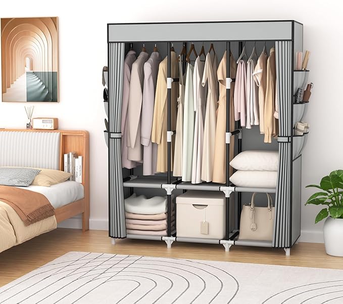 VTRIN Portable Closet Wardrobe for Hanging Clothes Closet with Cover, 3 Hanging rods, 6 Storage Shelves and Side Pocket, Diameter 19mm Metal Pipe, Sturdy Free Standing Closet for Bedroom
