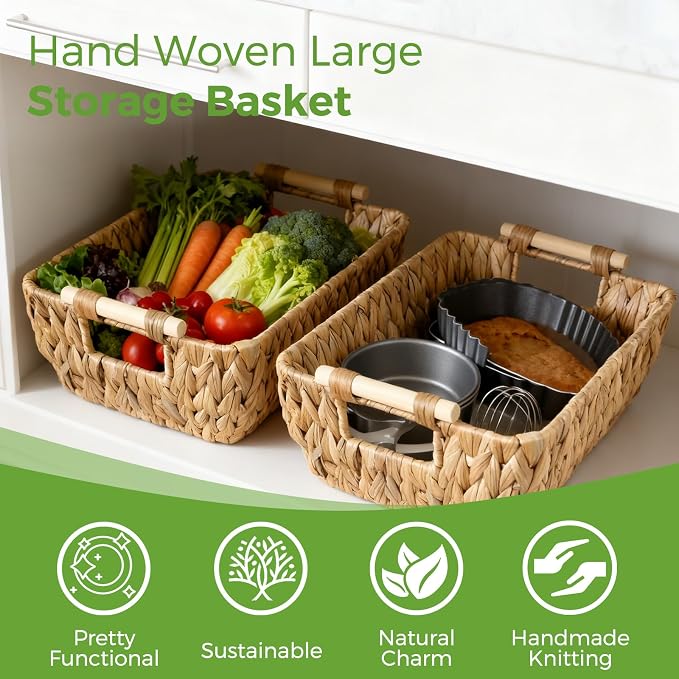 Wicker Baskets with Wooden Handles, Large Water Hyacinth Storage Baskets | 2 Pack, Natural Water Hyacinth Woven Basket for Organizing Shelves, Handwoven Gift Baskets Empty for Snack Display Home Decor